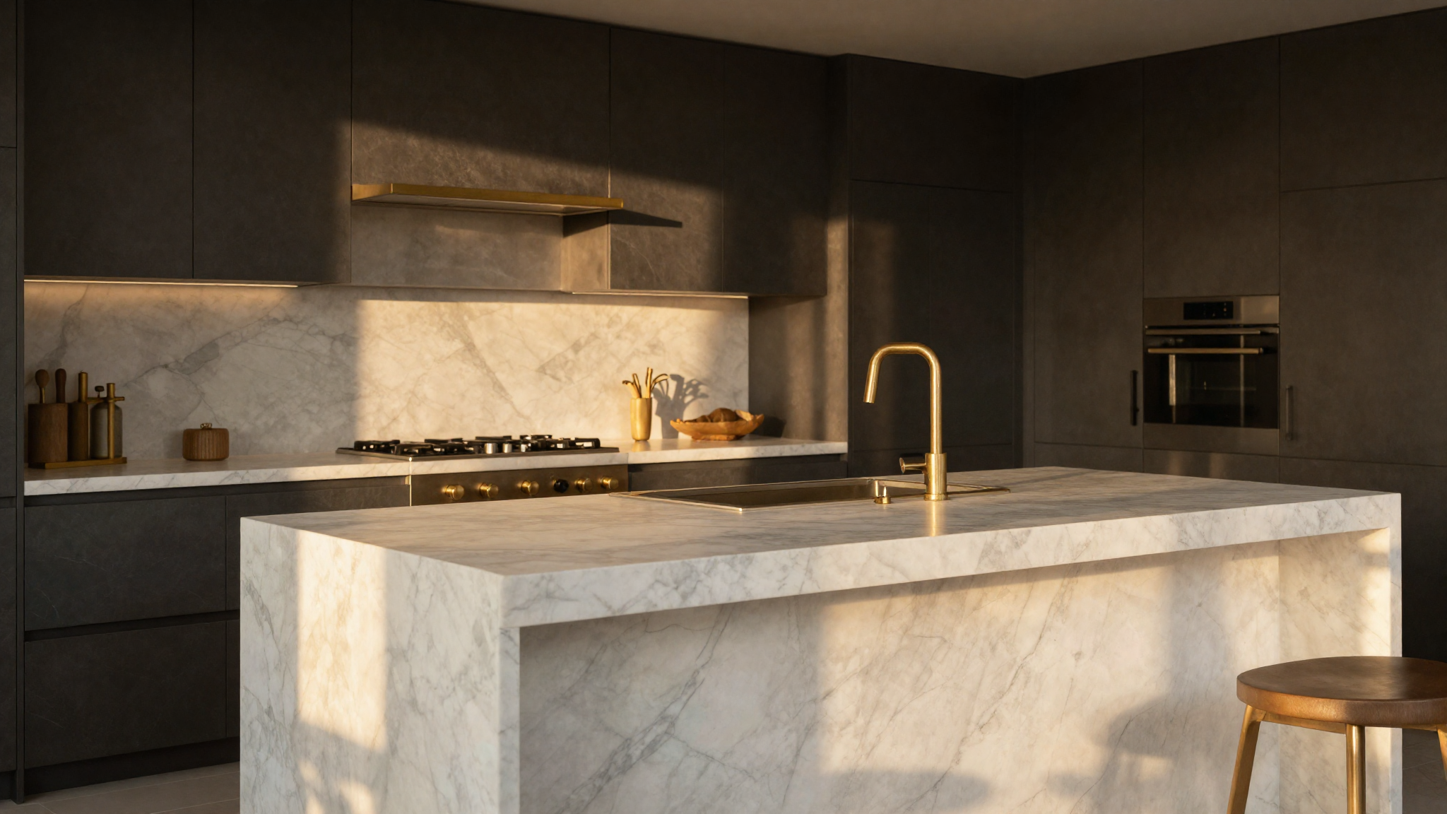 Luxury kitchen with a white marble waterfall-edge island and brass fixtures