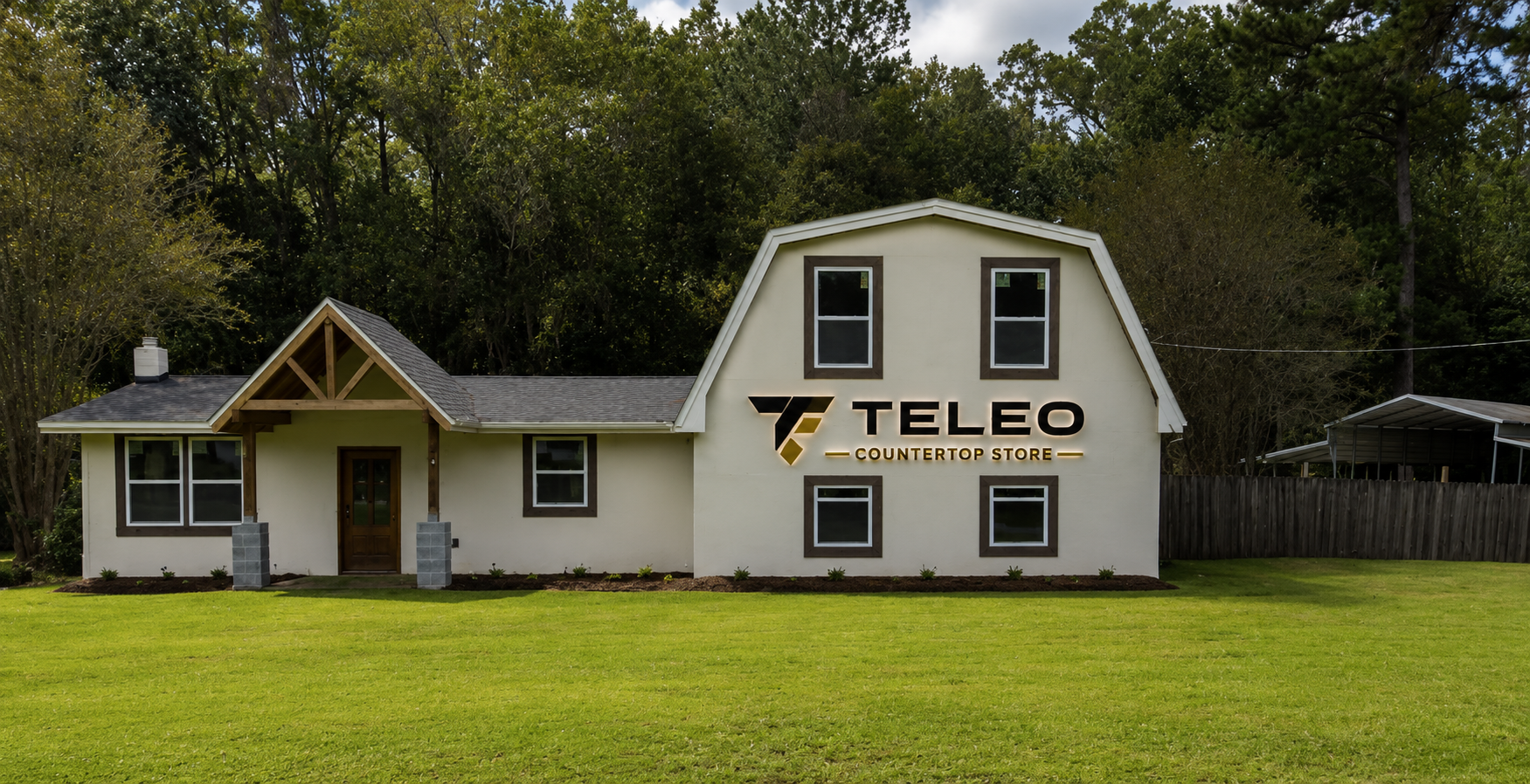 Teleo Countertops Savannah fabrication shop with illuminated sign